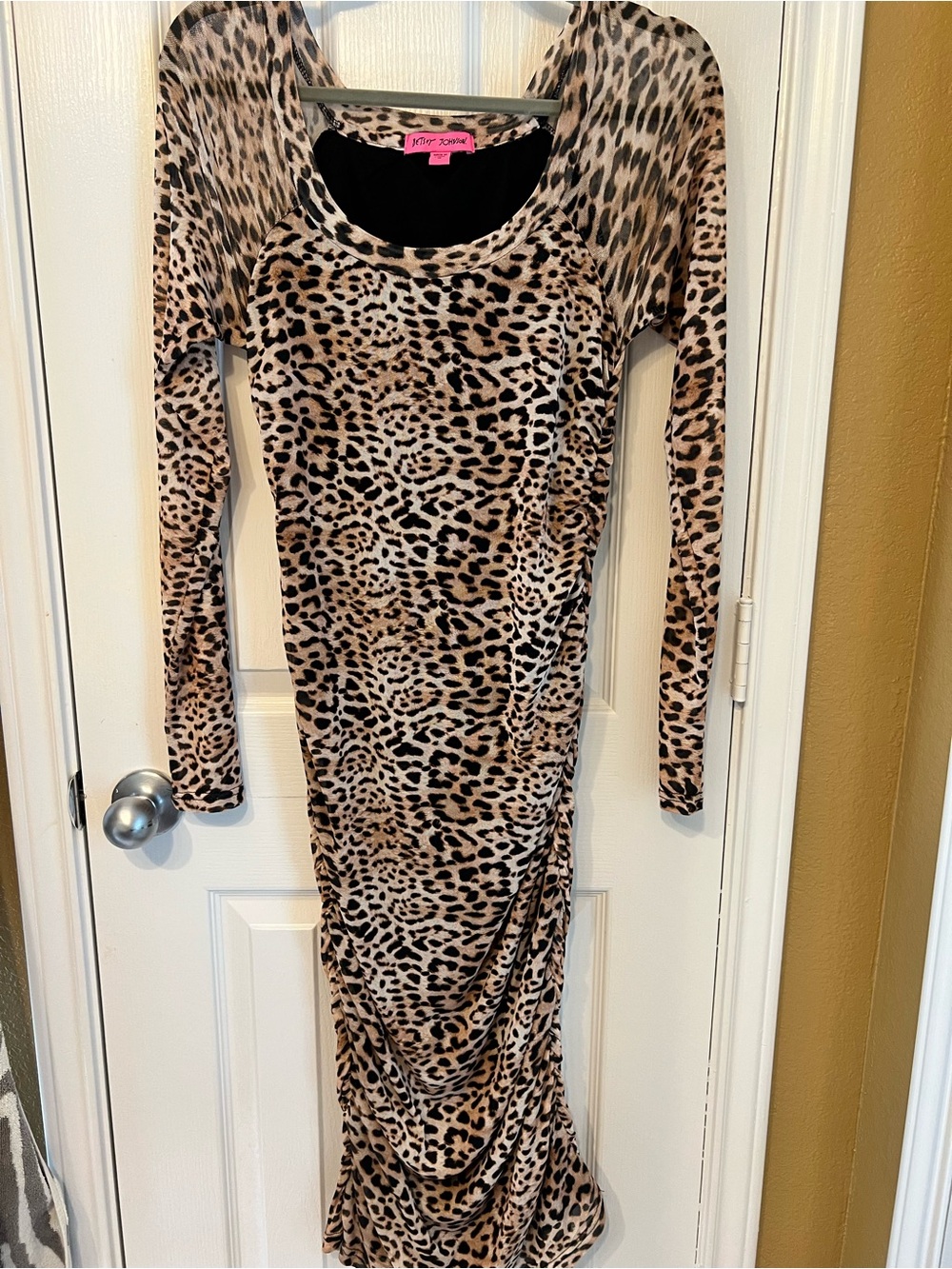 Betsey Johnson Leopard Whimsigoth Mesh Ruched Bodycon Midi Dress, Size M